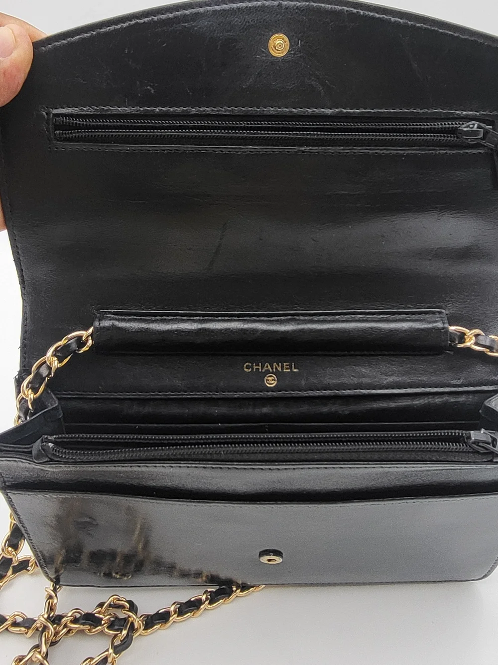 CHANEL Patent Lambskin Leather Timeless CC Wallet On Chain WOC, Authentic..